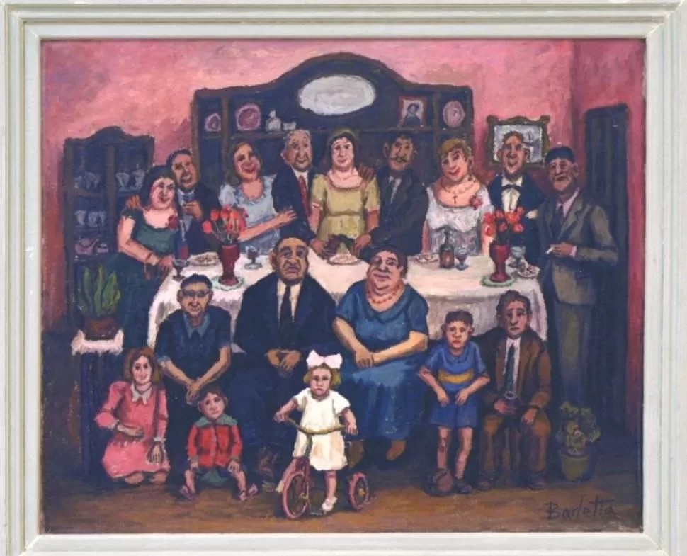 “LOS FAMILIARES”. El óleo de Félix Barletta, entre el grotesco y la caricatura, se incorporó al patrimonio en 1960 en el Salón de Pintura y Escultura.         