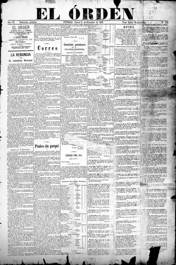 PORTADA DEL DIARIO EL ORDEN. Ejemplar del 9 de diciembre de 1886, día en que la alarma de la población llegaba a su límite.