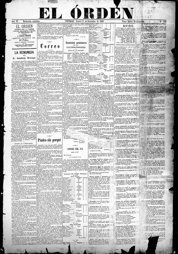 PORTADA DEL DIARIO EL ORDEN. Ejemplar del 9 de diciembre de 1886, día en que la alarma de la población llegaba a su límite.