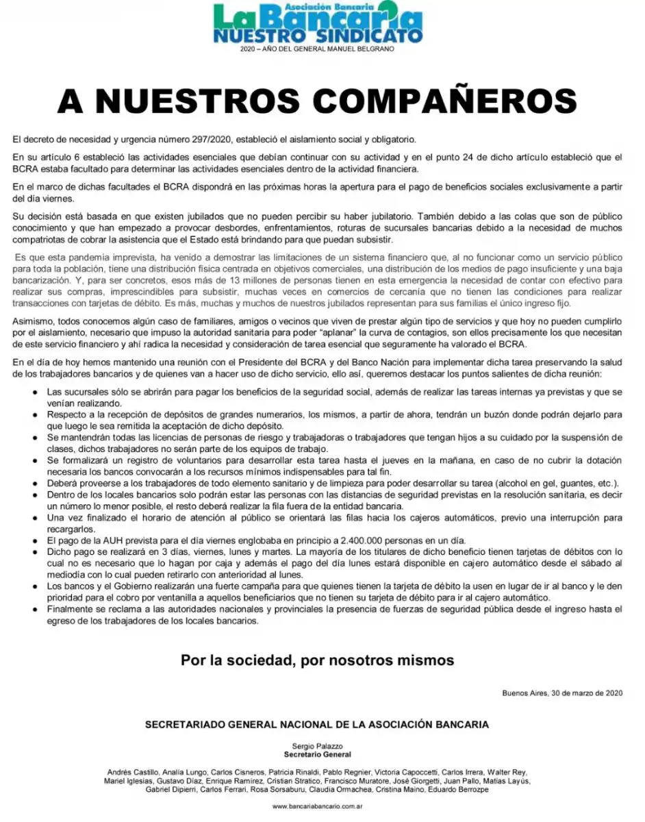 Confirman que los bancos abrirán el viernes para el pago de jubilaciones y prestaciones sociales
