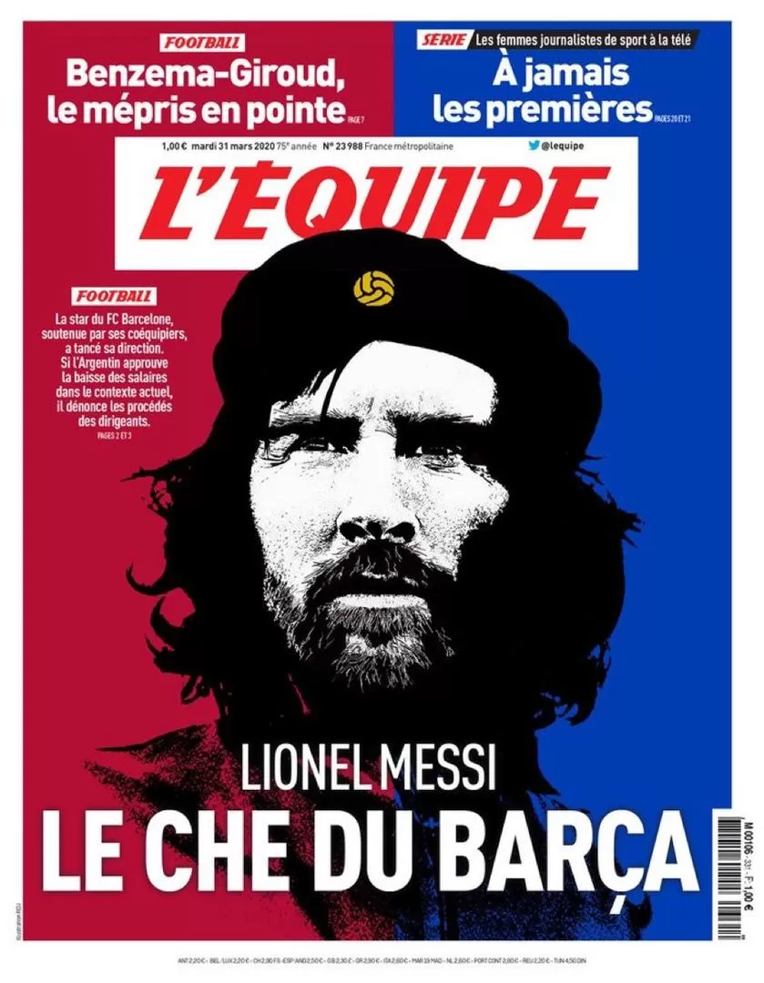 IMPACTO. El diario francés L’Equipe graficó a Messi como “el Che del Barsa”.  