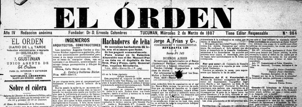 PARTE SUPERIOR DE LA PORTADA DEL DIARIO EL ORDEN. En la primera plana de la edición del 2 de marzo de 1887, en la columna izquierda, se publicó el informe del doctor Bruland.