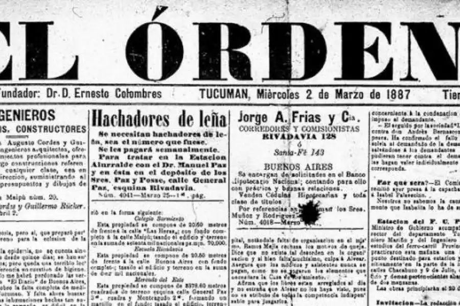PARTE SUPERIOR DE LA PORTADA DEL DIARIO EL ORDEN. En la primera plana de la edición del 2 de marzo de 1887, en la columna izquierda, se publicó el informe del doctor Bruland.