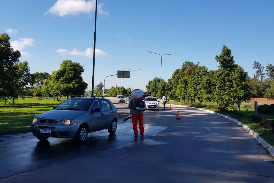 Con barbijos y equipos de fumigación.