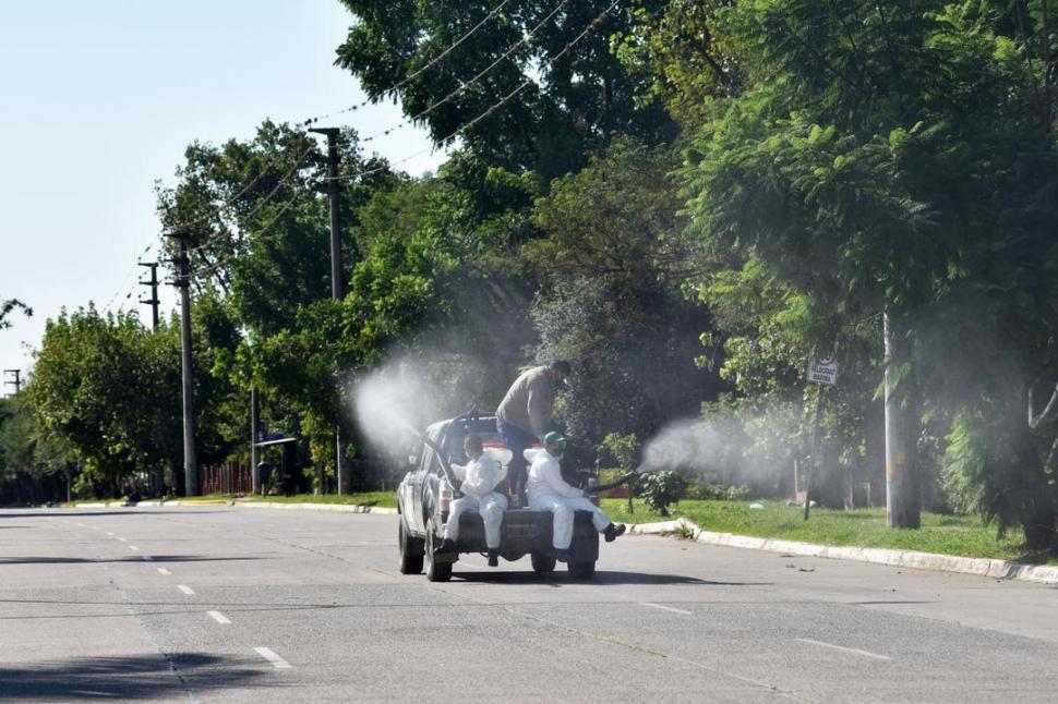 FUMIGACIONES. Operarios fumigan con insecticida un espacio verde de San Miguel de Tucumán. A pesar de los controles, los casos aumentan. la gaceta / foto de Ines Quinteros Orio