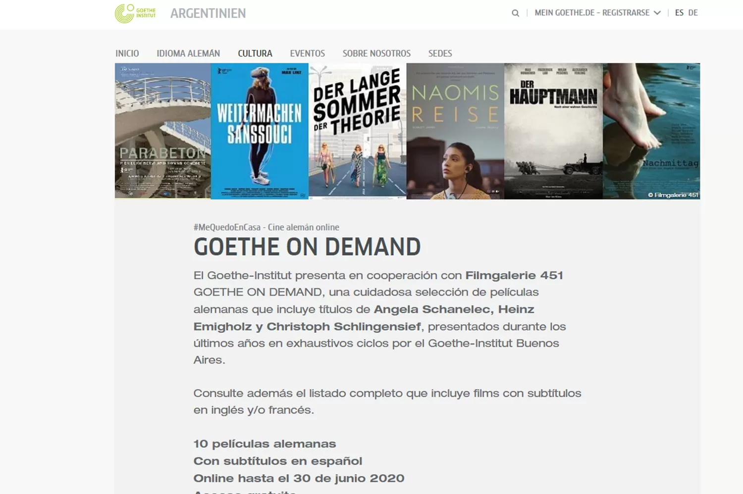 Cine alemán: oferta gratuita del Instituto Goethe