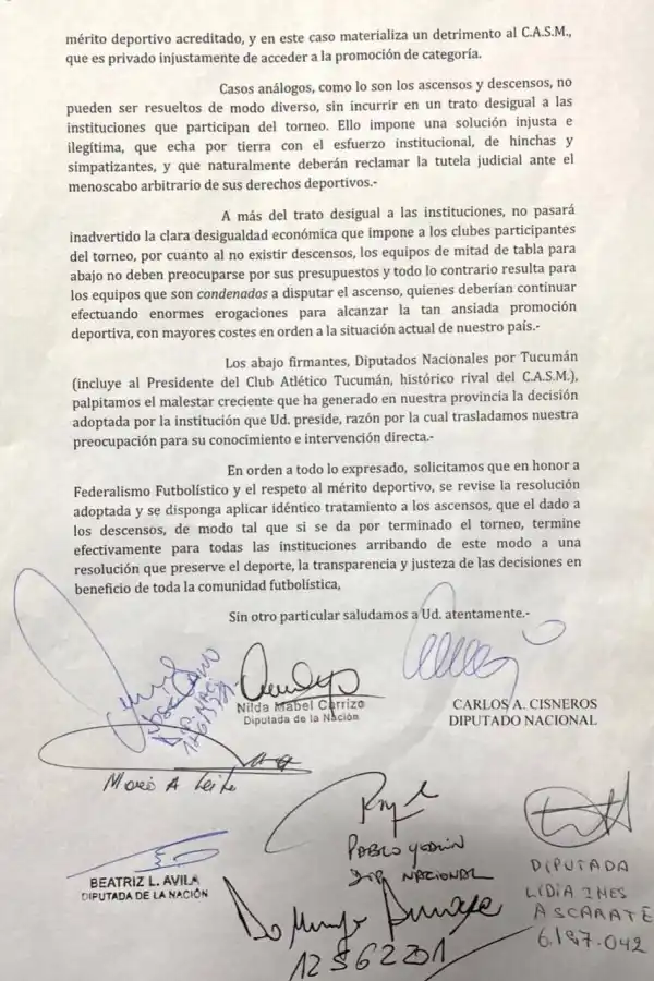 SEGUNDA CARILLA. El texto enviado por diputados tucumanos a la AFA.