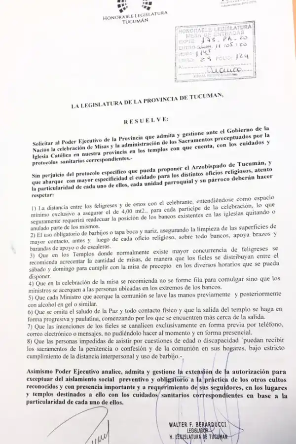 Cómo podría ser el protocolo para la vuelta de las misas en Tucumán
