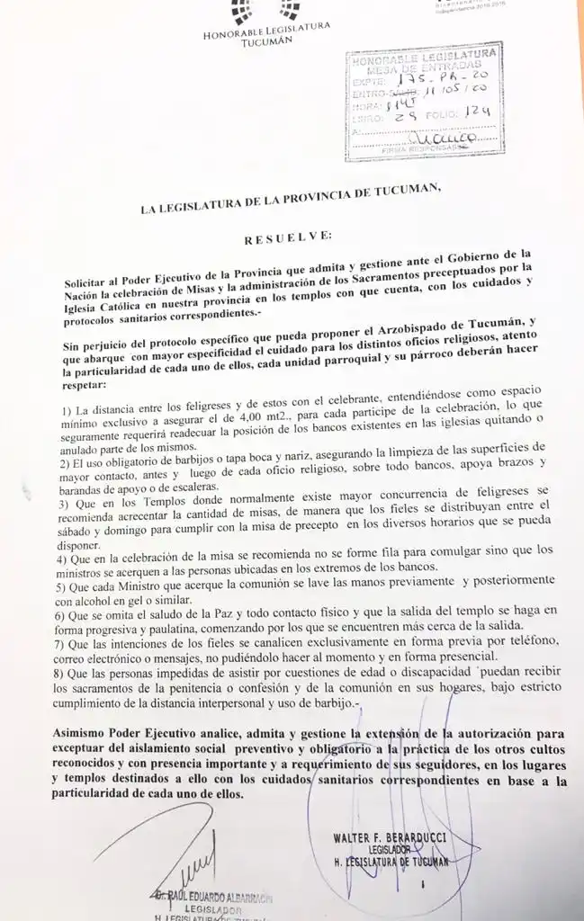 Cómo podría ser el protocolo para la vuelta de las misas en Tucumán