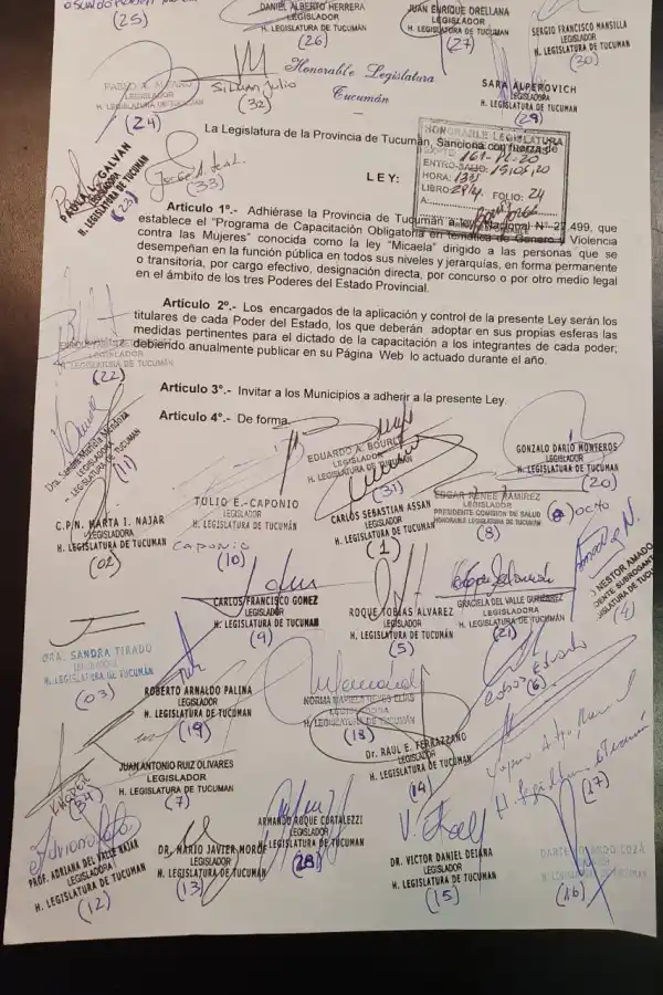 TODAS LAS FIRMAS. Todo el arco justicialista apoya la Ley Micaela. Vargas Aignasse sumará su rúbrica el lunes.