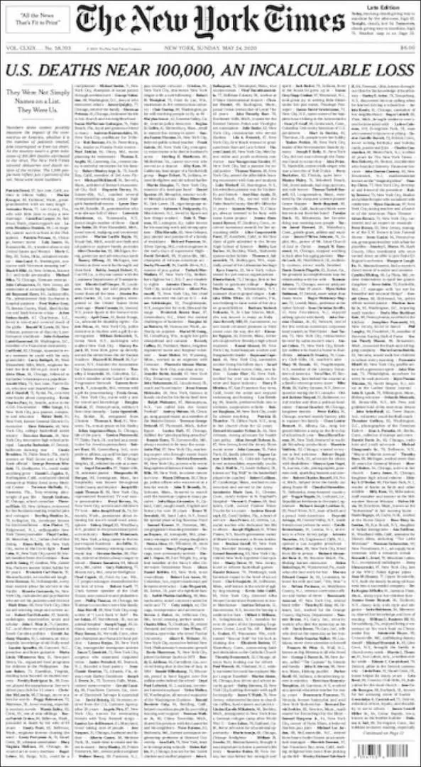 Estados Unidos, con cerca de 100.000 muertos , amaneció con los nombres de los fallecidos en la portada del diario más importante del país.  