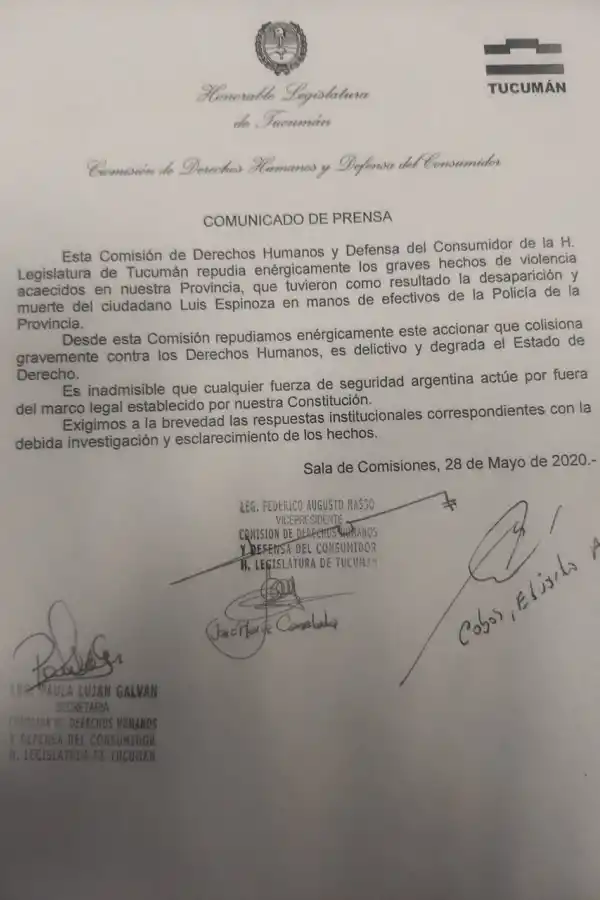El comunicado de la comisión de DDHH.