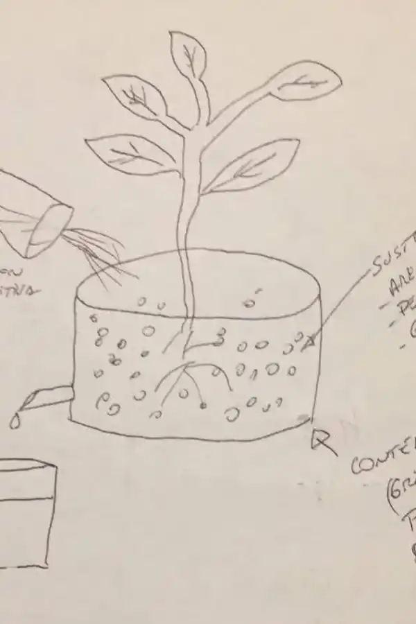 MANO ALZADA. Así dibujó Federico cómo armar la maceta hidropónica. 