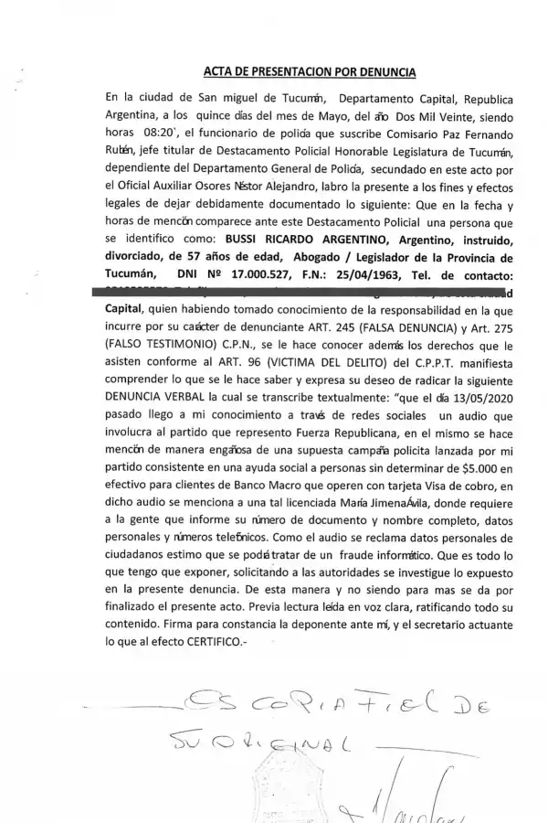 Bussi desmiente que FR esté promoviendo un subsidio de $5.000