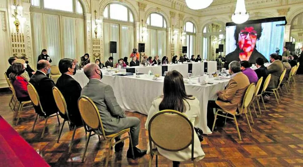 CAPACITACIÓN. Los intendentes y los funcionarios provinciales en el Salón Blanco, durante la charla que Dora Barrancos dio por videoconferencia. comunicación pública