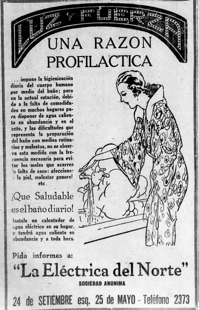 AGUA CALIENTE. El baño y el aseo personal como medida sanitaria impulsaba la Eléctrica para promocionar su calentador. 