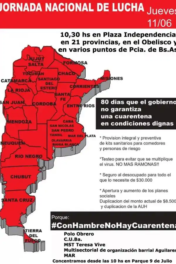 Bajo la consigna “con hambre no hay cuarentena”, el Polo Obrero se manifiesta en Tucumán