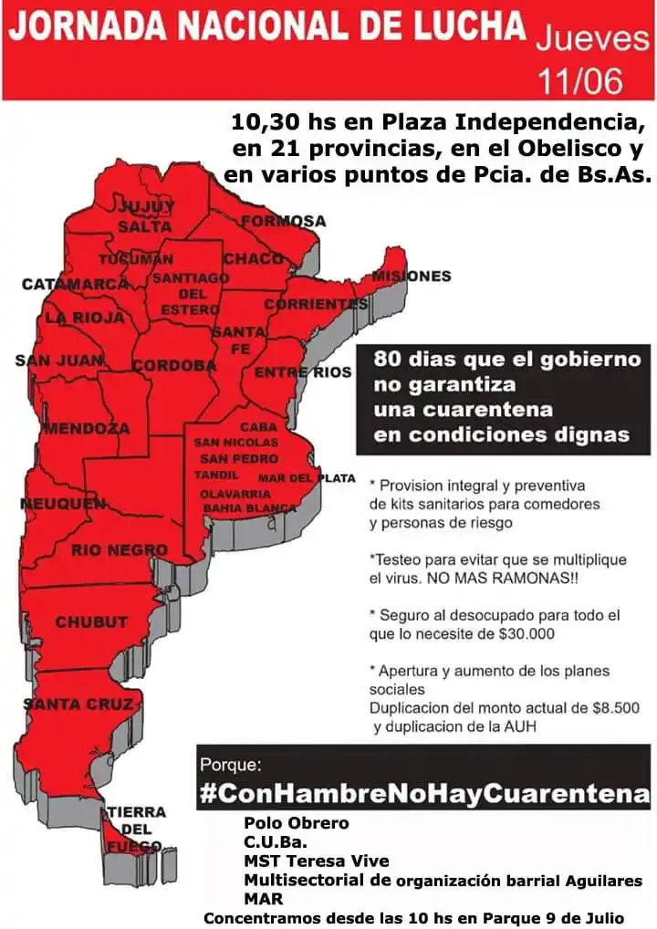 Bajo la consigna “con hambre no hay cuarentena”, el Polo Obrero se manifiesta en Tucumán