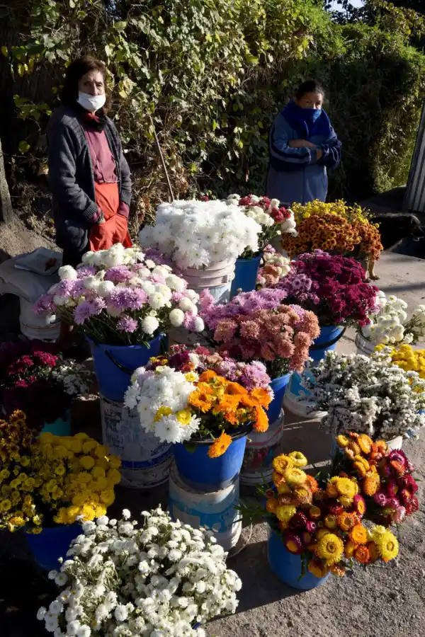 YERBA BUENA. Hace más de 30 años que Marta Sánchez y Marta Mamaní venden flores en las inmediaciones del cementerio San Agustín.  