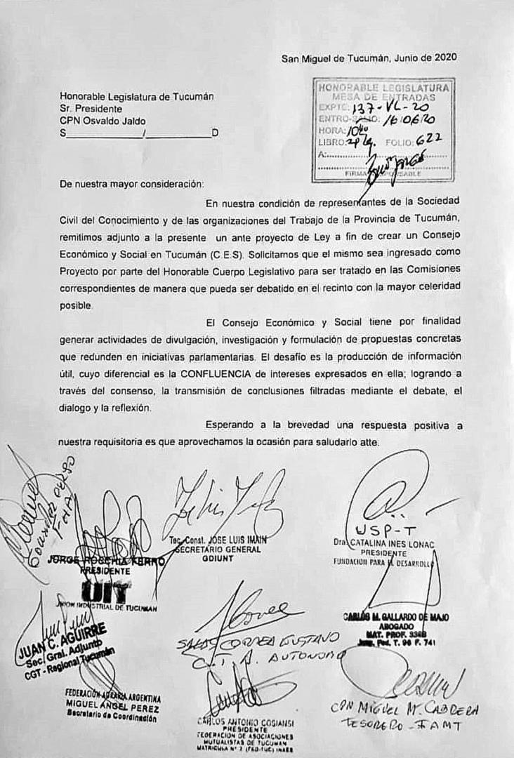 El texto de la nota elevada ayer al presidente de la Legislatura, Osvaldo Jaldo. El anteproyecto lleva la firma de referentes de nueve entidades del quehacer tucumano. 