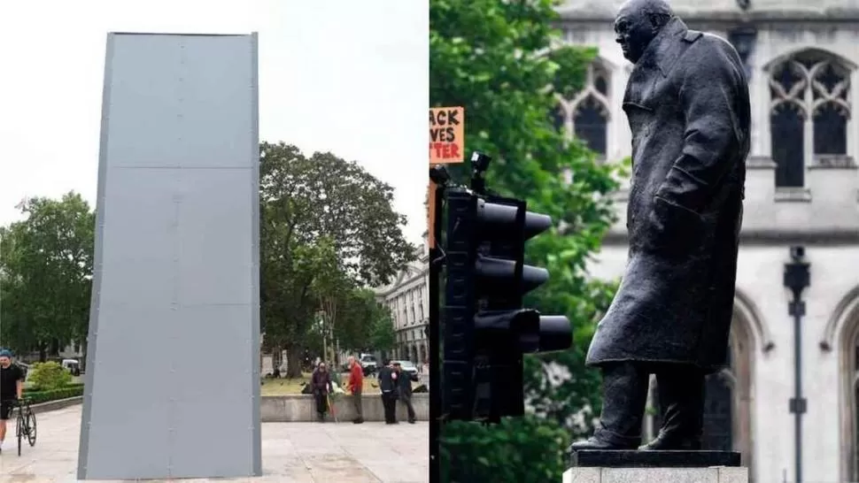 FRENTE AL PARLAMENTO. La estatua de Churchill fue vandalizada en Londres y las autoridades la blindaron. 