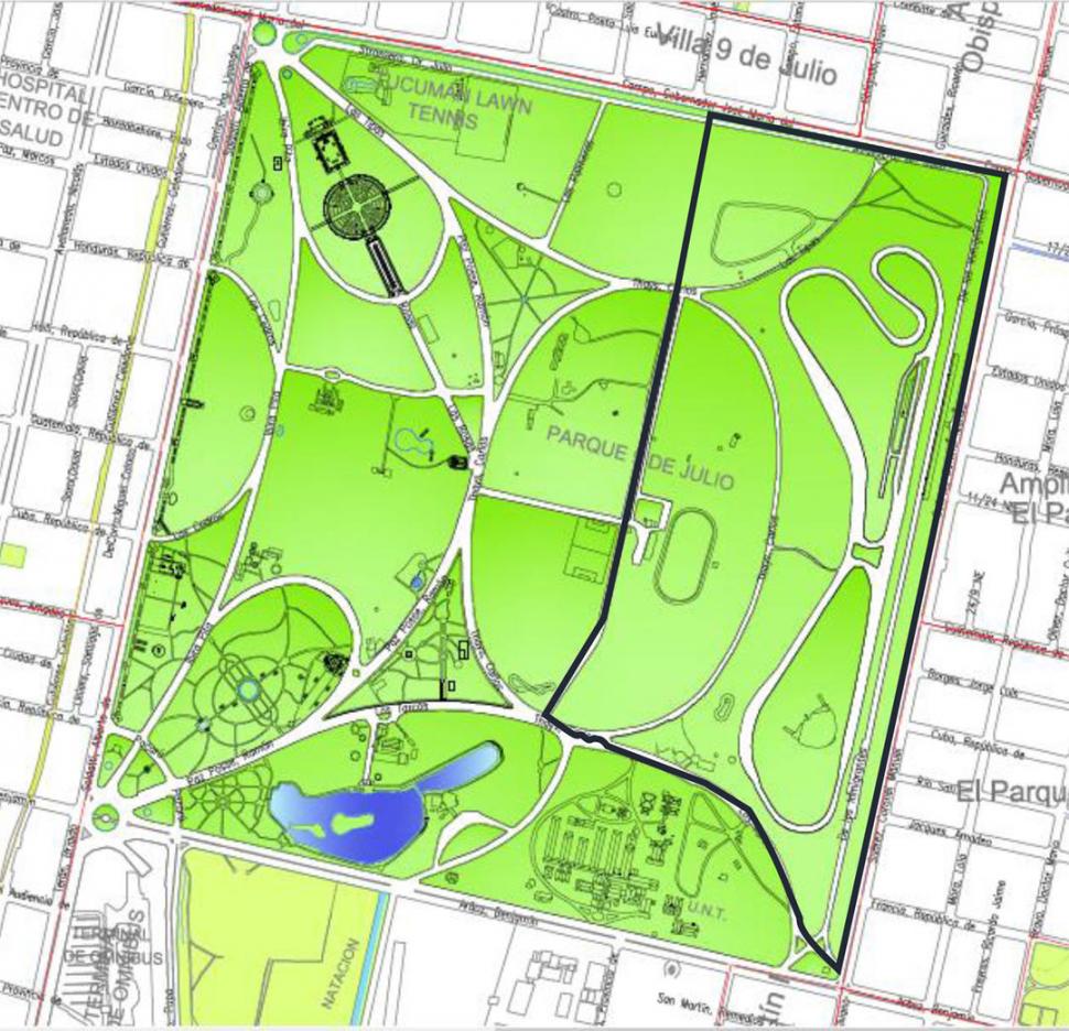 PLANO. Delimitada con negro aparece la zona del autódromo que será iluminada, incluyendo avenida Coronel Suárez.  