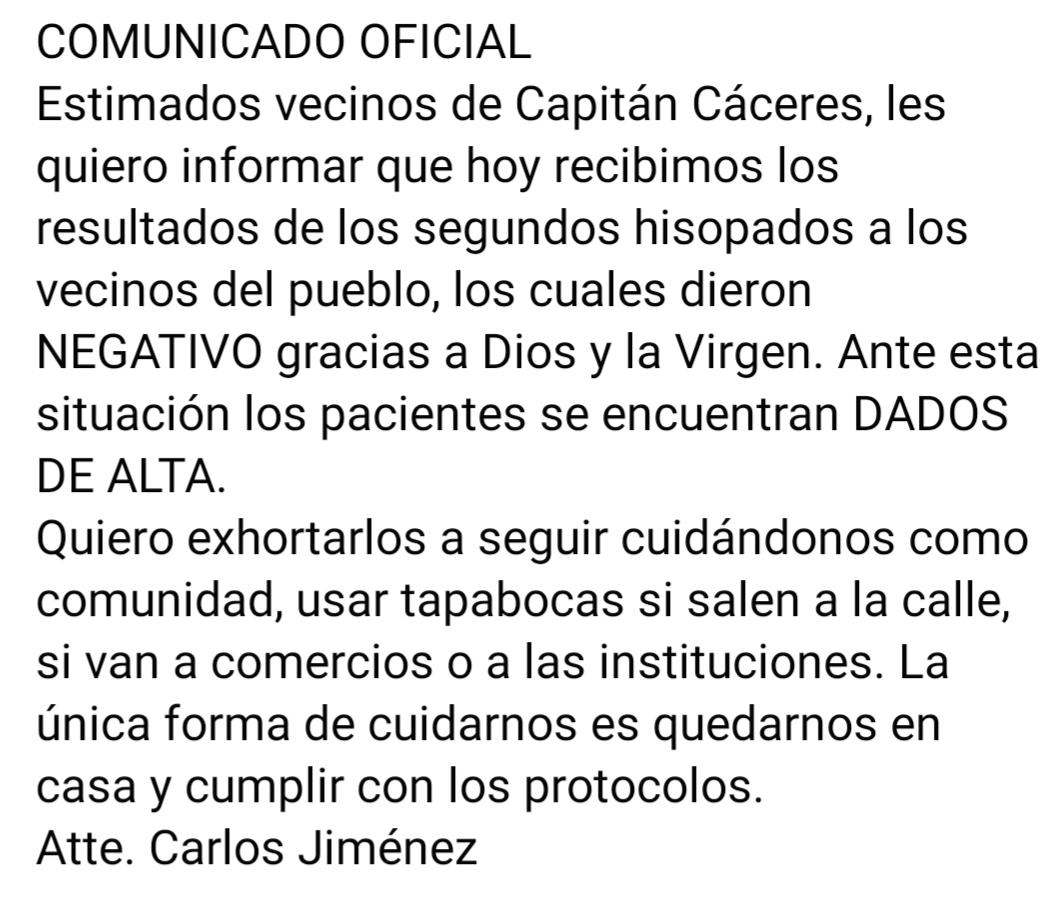 Comunicado del comisionado comunal, Carlos Jiménez.
