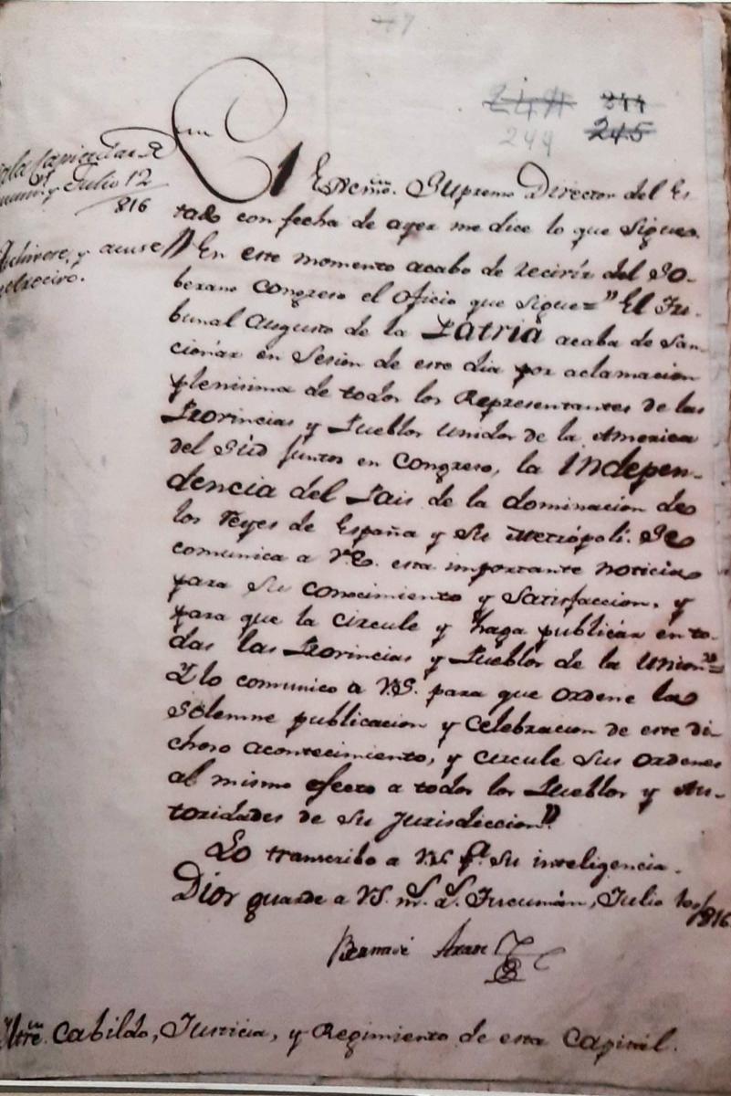 ACTA. La notificación al Cabildo, enviada por Aráoz. Foto: Archivo Histórico de Tucumán