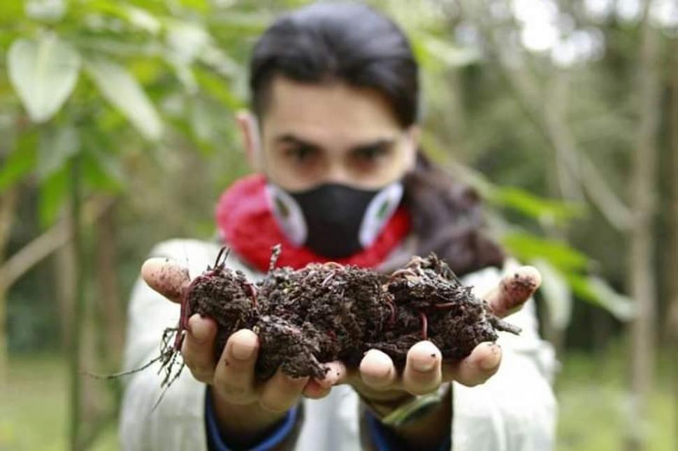 SÚPER NUTRIDA. Nahuel muestra la tierra con lombrices de su compost. 