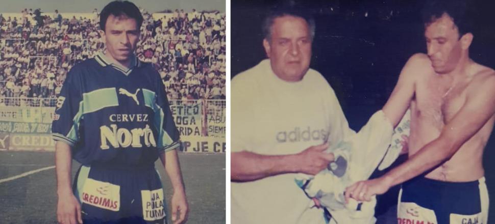 POSTALES. Hugo Corbalán aparece en su segundo ciclo en los “decanos” y en la foto de la derecha, entregándole su camiseta a su padre, Alfredo “Afea” Corbalán.   
