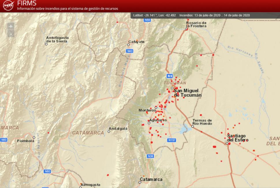  REGISTRO. Los focos de fuego son registrados por los satélites y reflejados en un mapa con puntos rojos.  