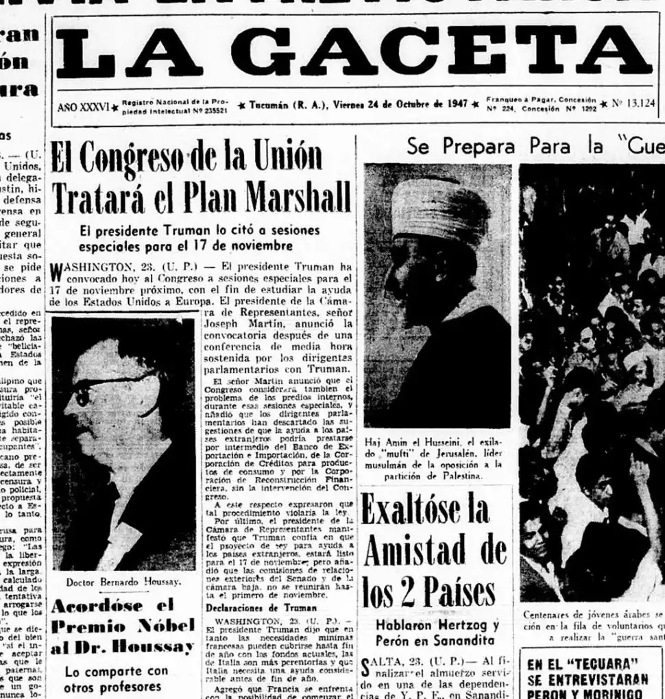 1947. Nuestro diario informa del Nobel al científico argentino.