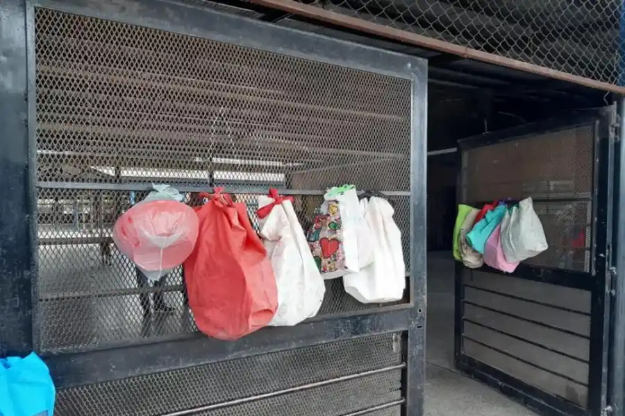 DISTANCIA SOCIAL. Las madres dejan atados a la reja de la escuela bolsas con táperes para retirar las viandas del comedor. la gaceta / foto de martín dzienczarskI