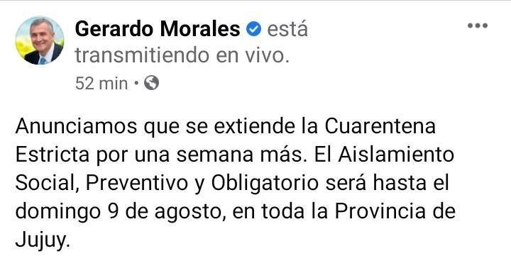 En Jujuy, el gobernador Morales extiende la cuarentena estricta por siete días más