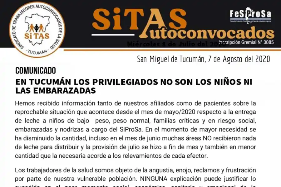Sitas denuncia faltante de leche en los hospitales de Tucumán