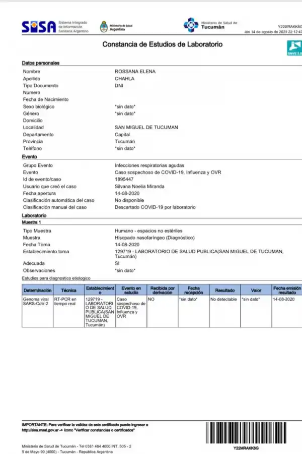 RESULTADO. El estudio que se realizó la ministra Chahla dio negativo para covid-19. Foto: Twitter @RossanaChahla
