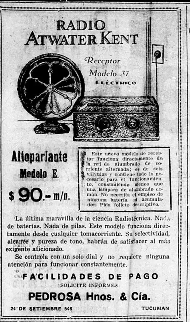 PUBLICIDAD. La nueva tecnología incorporó nuevos elementos de consumo para los tucumanos, los aparatos receptores de radio.   