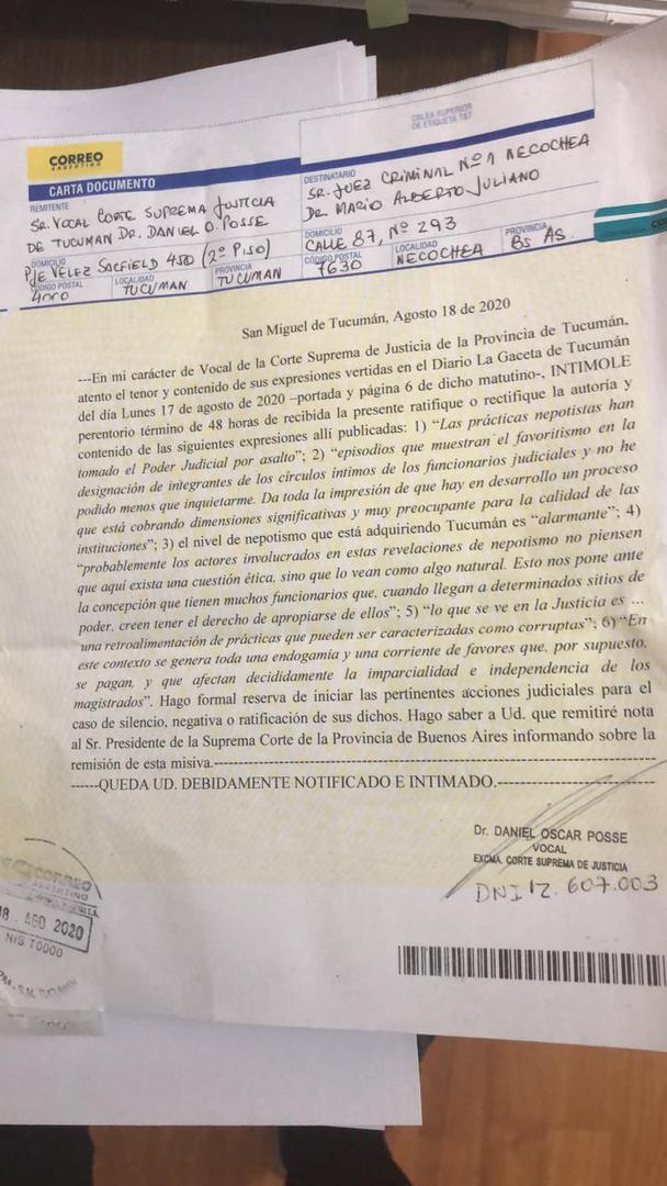  FACSÍMIL DE LA CORTE DOCUMENTADO. La intimación que mandó Posse.