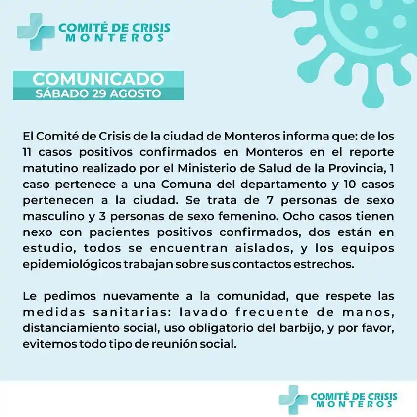 Un sábado alarmante en Monteros: confirmaron 10 casos de coronavirus en esa ciudad 