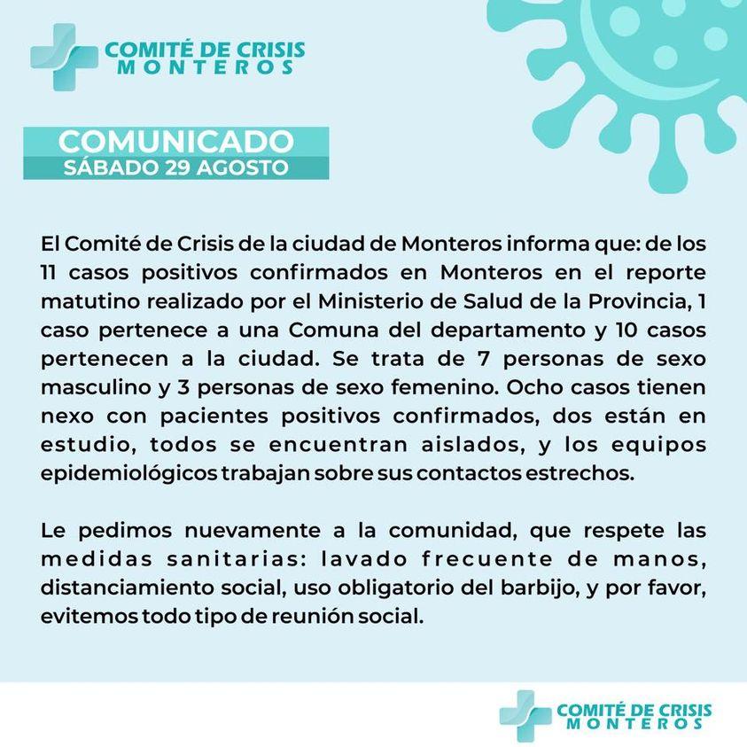 Un sábado alarmante en Monteros: confirmaron 10 casos de coronavirus en esa ciudad 