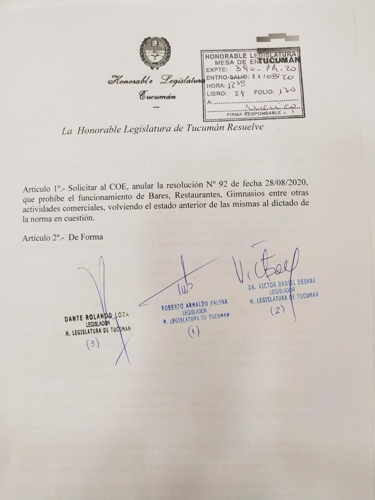 PROPUESTA. El proyecto de resolución del oficialismo contra las medidas del COE. 