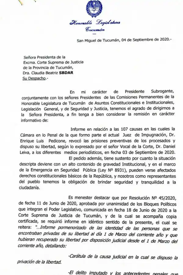 SOLICITUD DE INFORMES. El requerimiento del Poder Legislativo fue firmado por Regino Amado, presidente subrogante del cuerpo, y por los titulares de tres comisiones. 