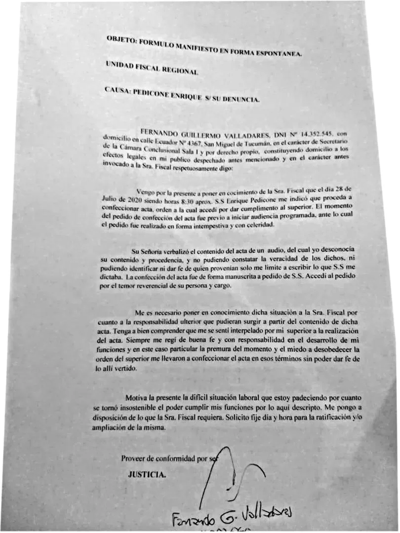 EL ESCRITO. Valladares presentó su declaración a las 19.48 del viernes. El documento se conoció ayer. 