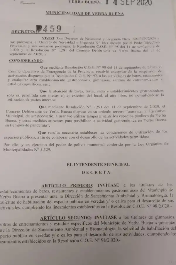 INSTRUMENTO. El decreto firmado por el intendente Campero.