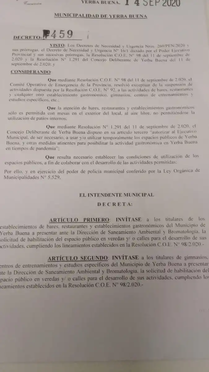 INSTRUMENTO. El decreto firmado por el intendente Campero.