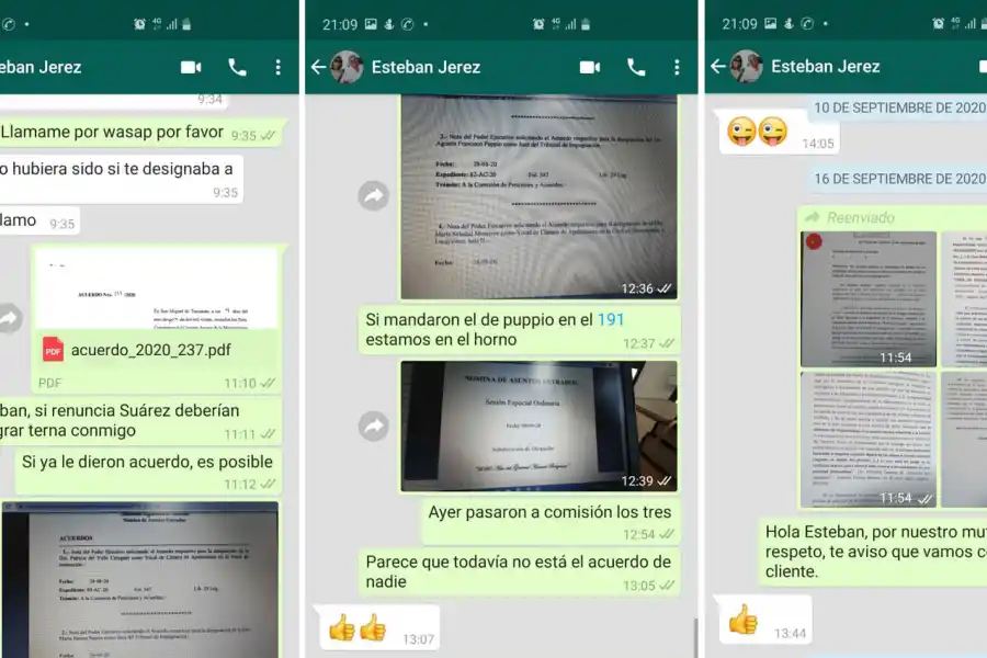 COMUNICACIONES. Díaz Lannes envió a LA GACETA estas capturas de pantalla. Sostiene que “tenía una relación amistosa y de respeto” con el ex fiscal Anticorrupción. Y que sólo conversó sobre los concursos en los que había participado. 