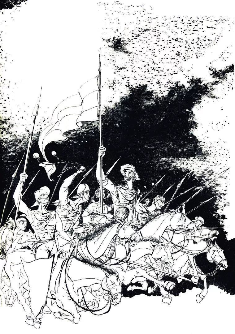 BATALLA DE TUCUMÁN. Ilustración del dibujante Juan Lanosa, hecha para LA GACETA en 1962.  