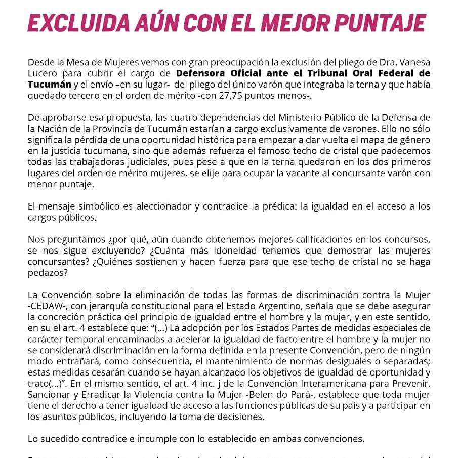 La Mesa de Mujeres ratificó su apoyo al reclamo de una aspirante