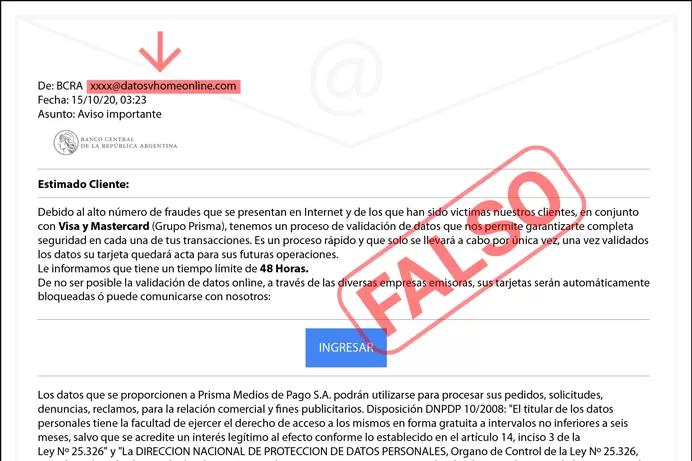 CAPTURA DE PANTALLA. El e-mail denunciado por el BCRA.