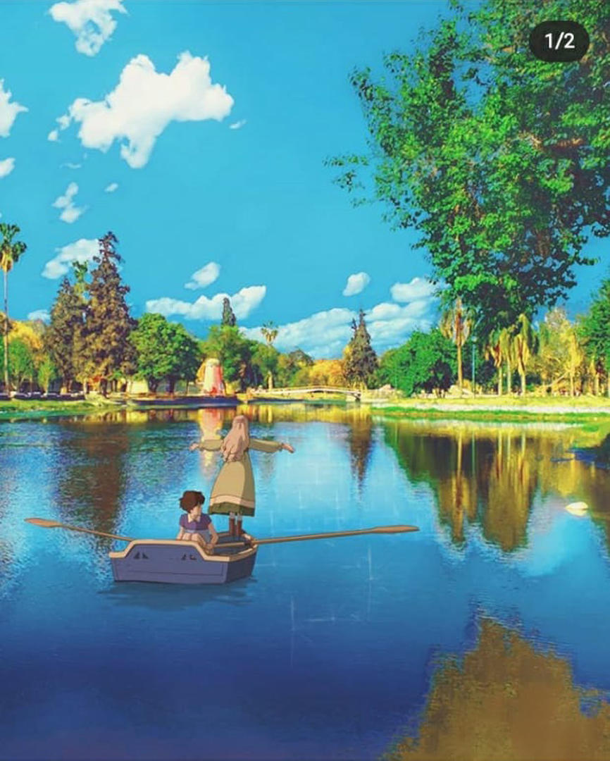 PARQUE 9 DE JULIO. El lago San Miguel y sus alrededores fueron intervenidos con las protagonistas de la película “El recuerdo de Marnie”. Anna y Marni disfrutan de una tranquila tarde en bote.